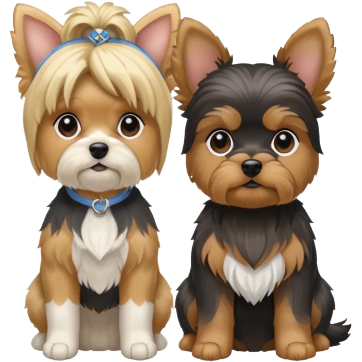 Generate a blue and tan purebred yorkie with a blonde shi tzu yorkie mix with floppy ears sitting next to each other. Make them the same size emoji