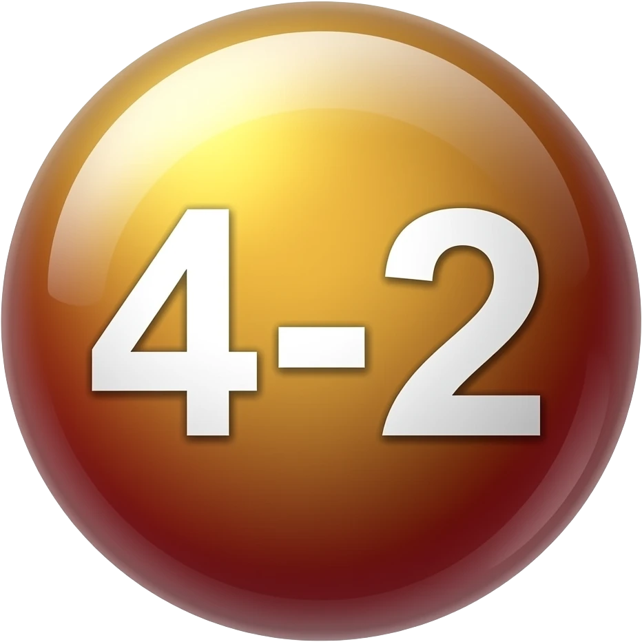 Glossy 3D sphere emoji, "4-2" bold white text centered, gradient from gold to cherry red, glass reflection highlight, bubble style icon emoji
