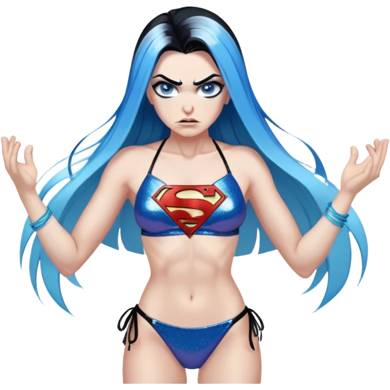 Very tall-very very very large chest-really angry-bending-very long straight flat black to sky blue hair ombre-blue eyes-black eyeliner-long eyelashes-iridescent sting bikini top with glitter superman logo-angry emoji