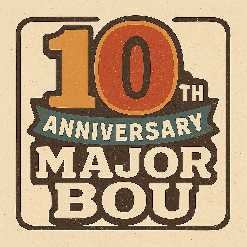 Retro-style 10th anniversary logo for Major Bou with bold typography and vintage colors emoji