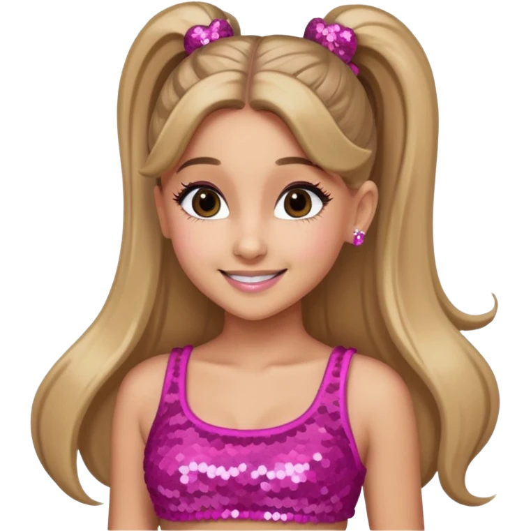 Ariana Grande with long dark blonde ponytail hair, pink sequin crop top emoji