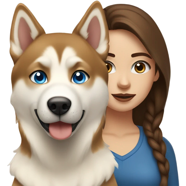 Woman brown hair blue eyes with Husky beige golden emoji