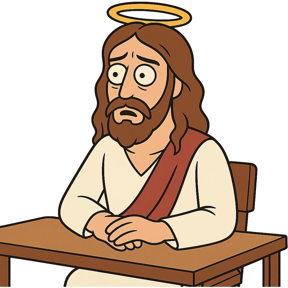 flat design style Jesus sitting at a table emoji