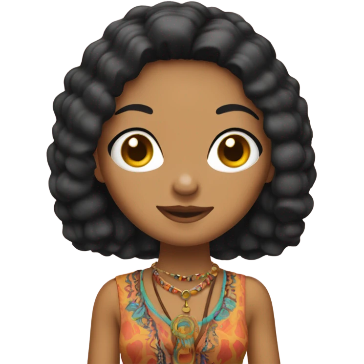 Tanned woman with black hair dressed in 1970s hippie attire, hair, makeup, and attire emoji