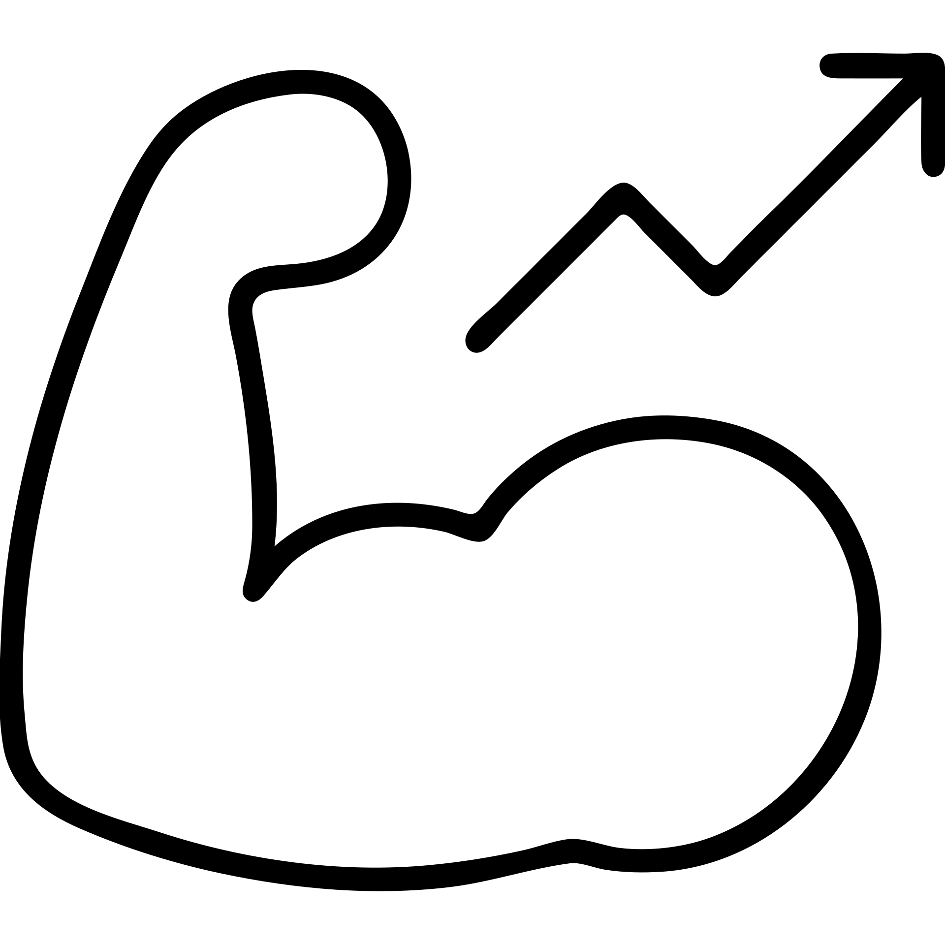outlined icon of a strong arm with a rising arrow graph, representing getting stronger emoji
