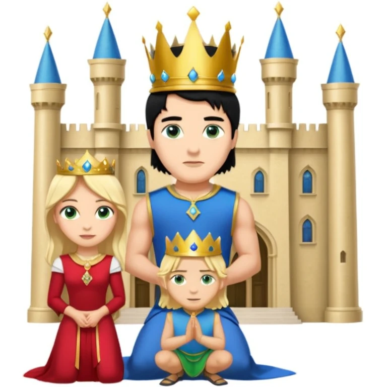Man as king, standing, black Hair, blue eyes, female Servoamt, blonde, green eyes, shott white sleveless Dress, kneeling, background palace emoji