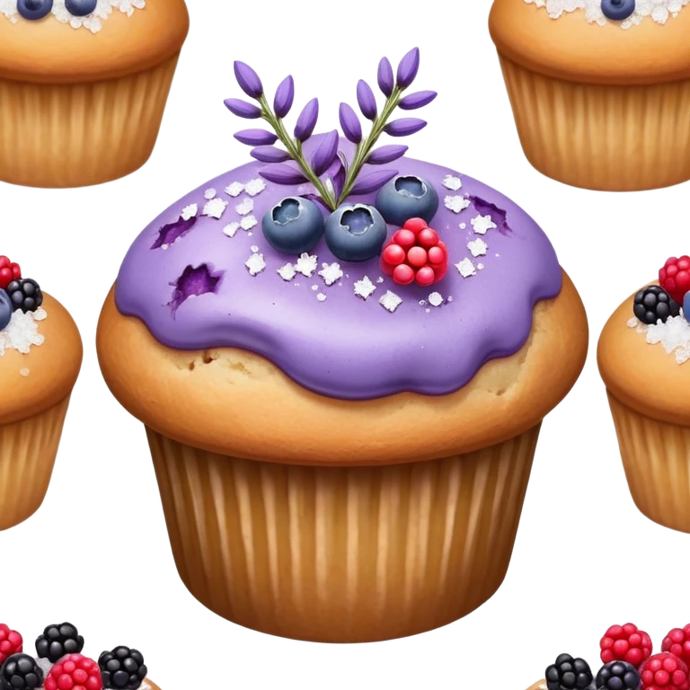 Lavender flower sprigs on a muffin with berries and sugar crystals without frosting  emoji