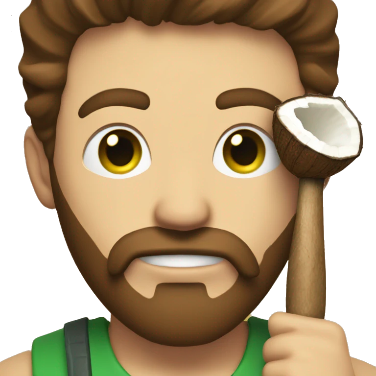 Man with brown hair, a beard, and green eyes holding a hammer, smashing a coconut. emoji