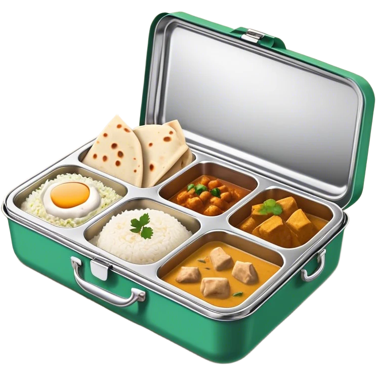 traditional Indian lunchbox (tiffin) with three compartments total, each filled with Indian food—one with rice, one with curry, and one with paratha . The lunchbox should be open, showing the food inside, with steam rising to indicate it’s fresh and hot. emoji