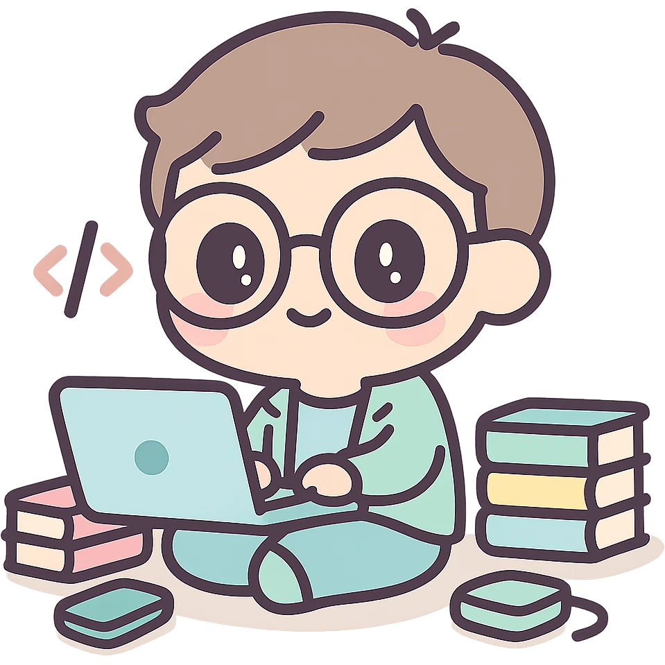 23-year-old programmer-entrepreneur, chibi character with oversized glasses, coding on laptop, stacks of books and gadgets nearby, kawaii style emoji