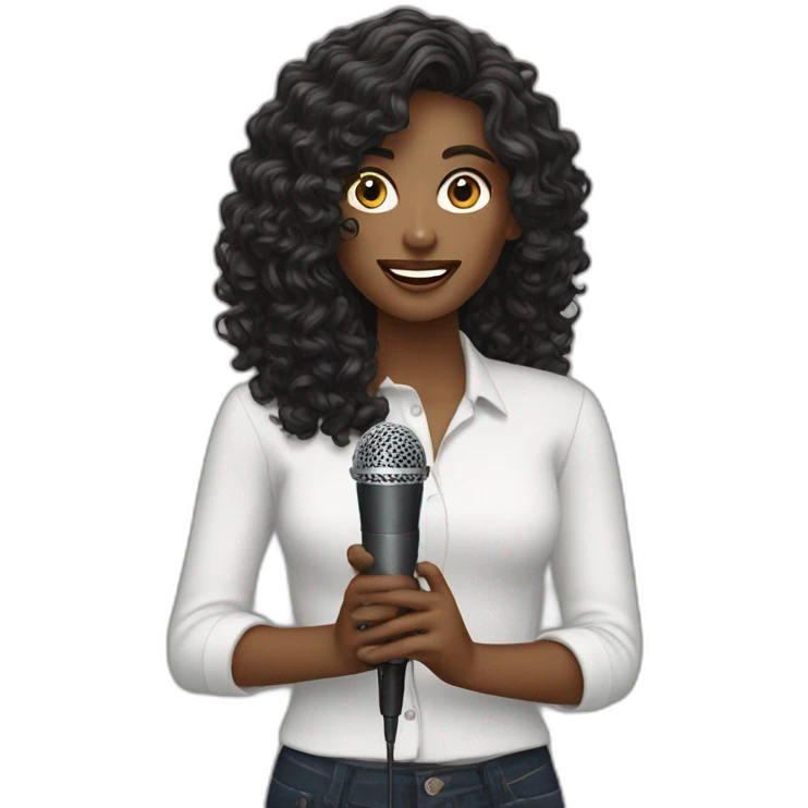 curly dark long hair white woman with podcast microphone emoji