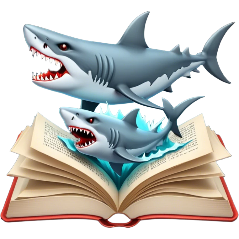 Icon for Horror & Mystery Reading: an open book with eerie glowing symbols, from which rise Dracula with fangs, flying bats, a zombie hand, and a lurking shark with sharp teeth. Surrounding elements. Transparent background. emoji