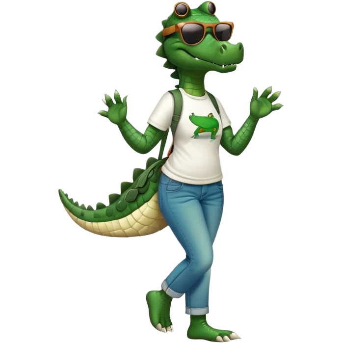 anthropomorphised female crocodile in a band t-shirt and jeans with sunglasses walking upright, relaxed pose emoji