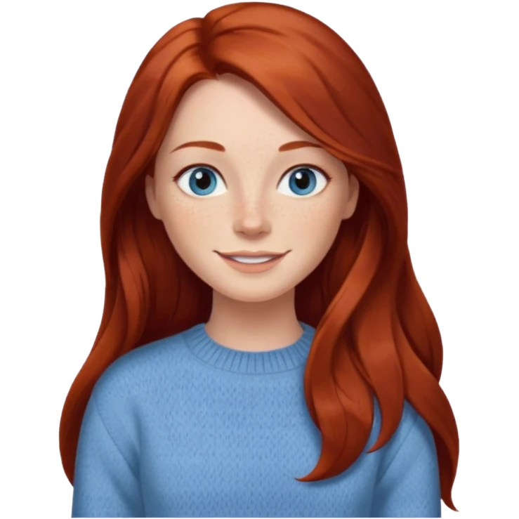 woman with long dark auburn red hair that is mostly straight but has slight waves to it. grey blue eyes. some freckles. wearing a Swedish style sweater that is neutral. smiling.  emoji