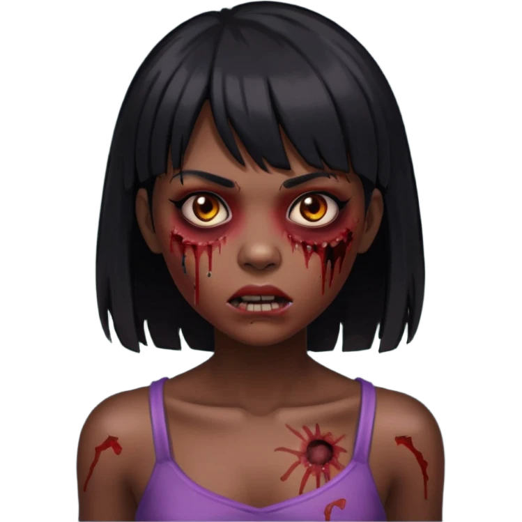 Um zumbi feminino, com cabelo preto e franja, machucados pelo rosto e torso, fundo escuro destacando o rosto com sombras emoji