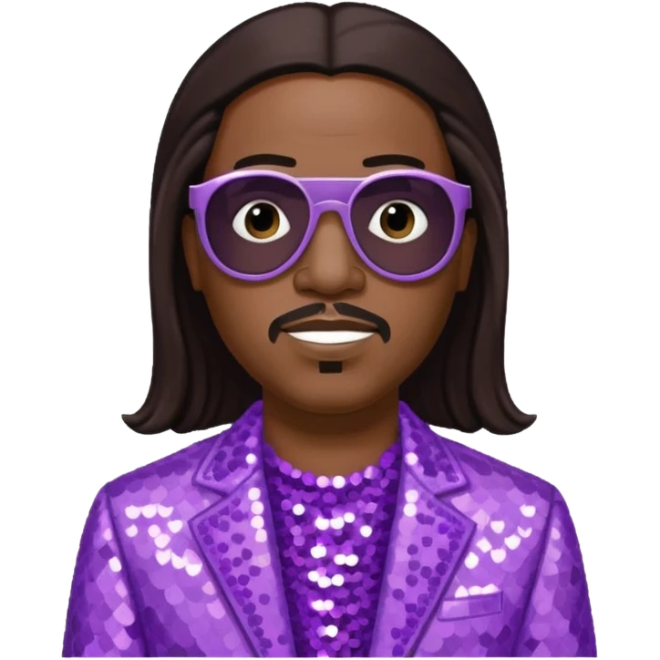 Stevie Wonder with long dark brown hair, lilac sequin outfit  emoji
