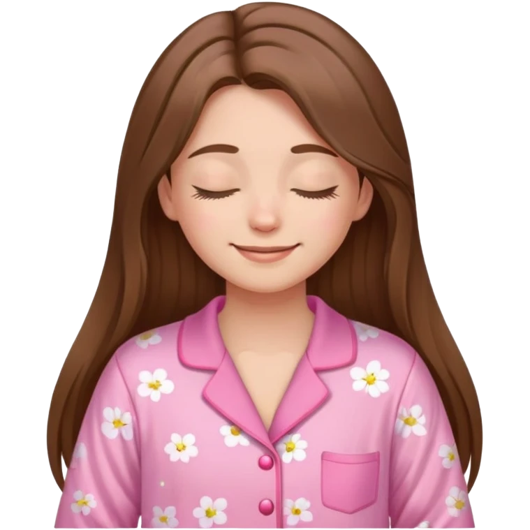 The brown long hair girl going to sleep in pink pajama with smile and closed eyes emoji