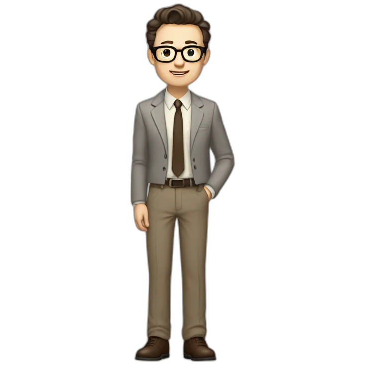 Full height Pale skinned Fit Man With dark brown hair in gray jacket, beige office shirt, tie, Brown pants and vintage glasses. Thrumbs of his palms directed up emoji