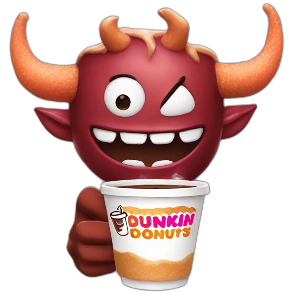 a demon holding a dunkin donuts coffee cup emoji