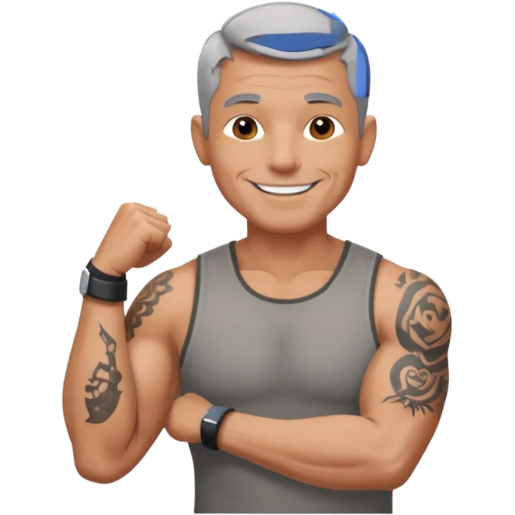 un homme de 50 ans, cheveux court gris, musclé avec le bras droit tatoué emoji