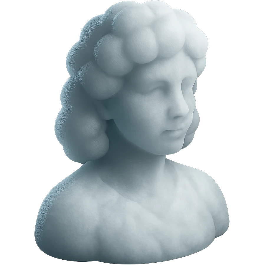 person looking straight, made entirely of white fluffy convex clouds, shoulder length, matte glass style, no background emoji