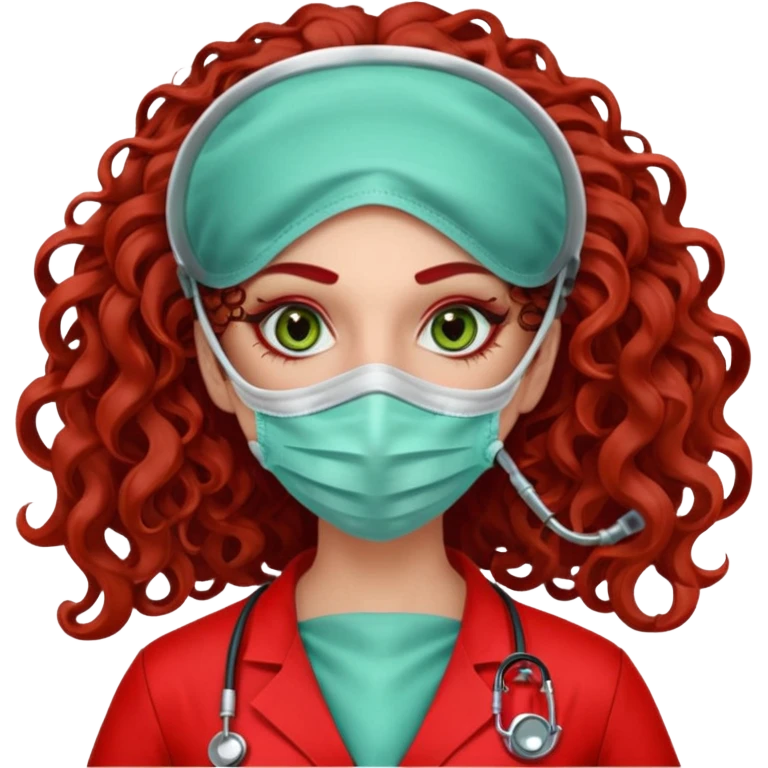 Sensual Spanish Lilith core evil surgeon.red outfit.  Surgeon has hazel-green eyes. Her hair is BROWN. Hair is also  long and  curly. wearing a sexy surgeon outfit with platform  heels.she is a calculated killer. She covers only her mouth and nose with mask to hide identity carries  emoji