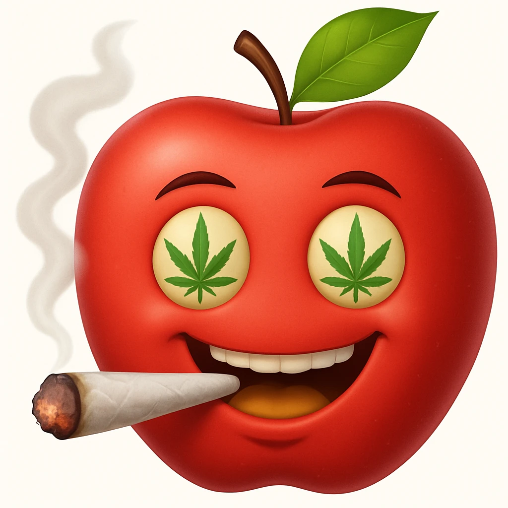 Add a cartoon joint with smoke to the smiley face made of apples as eyes and a banana as the mouth. Make it look like the face is smoking weed, keep the emoji style. emoji