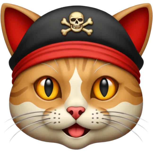 Vintage 1930s cartoon style emoji, cat, pirate aesthetic, thick black outlines, rubber hose animation style, monochrome with red accents, grainy paper texture, white background --v 6.0 emoji