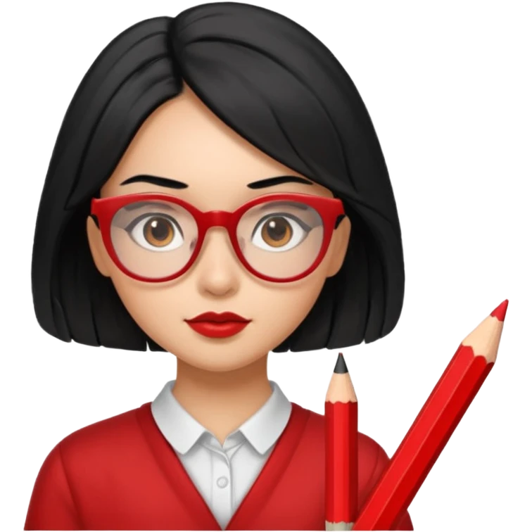 Morena girl with black hair in a pencil that creates a hun hairstyle. She has red glasses emoji