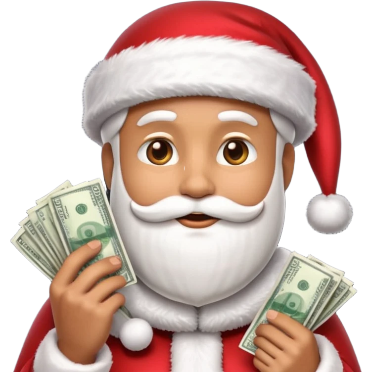 A confident rich emoji face wearing a Santa hat, money stacks, casino vibe, New Year theme, premium 3D emoji style, sharp details, no text, isolated on transparent background emoji