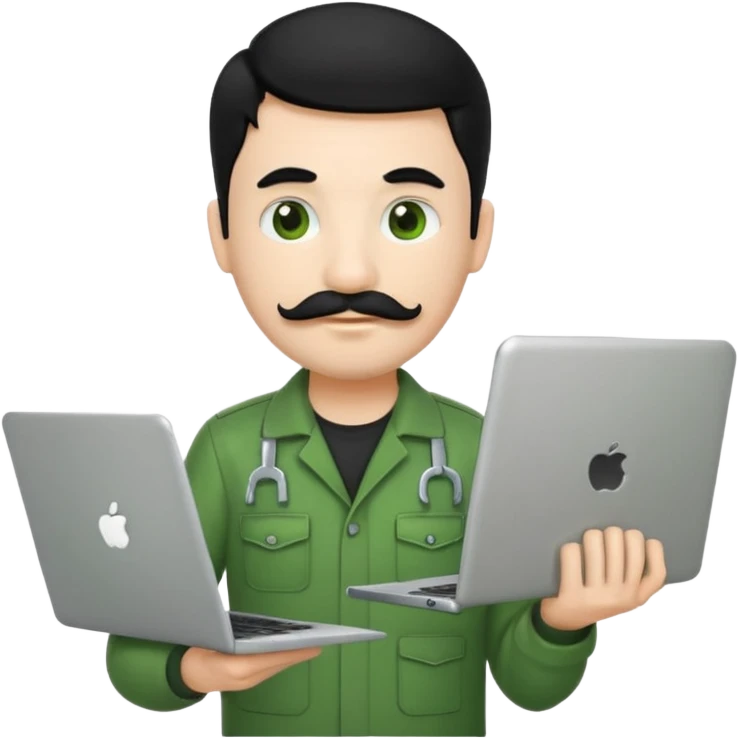 mechanic emoji with white skin, black hair, mustache, wearing green uniform, holding a laptop instead of a wrench emoji