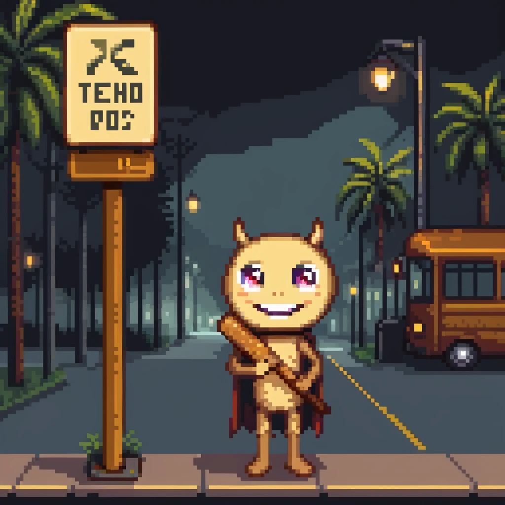 humanoid wooden club with big cartoon eyes and wide smile, barefoot, standing at a dark street bus stop under dim streetlight, holding a bat, background sign 'Pentung Pos Ronda' emoji