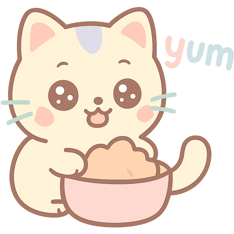 Chinese kitten eating, adorable and expressive, cartoon style, with 'yum' text emoji