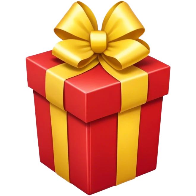 Front-facing upright red gift box with a yellow ribbon and a centered bow, rounded emoji
