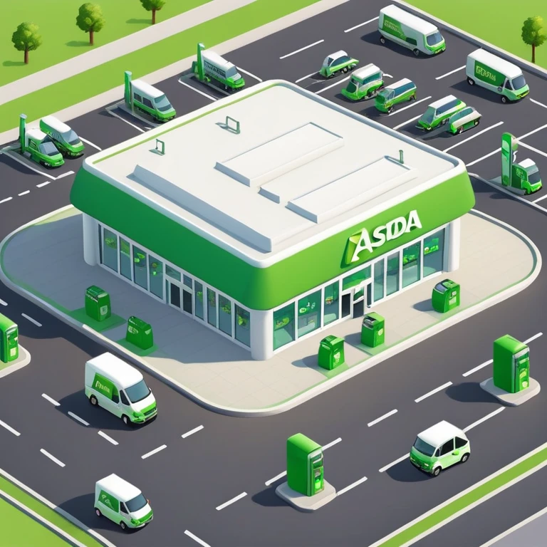 Isometric ASDA store with green logo, petrol station, large parking area, and delivery vans emoji