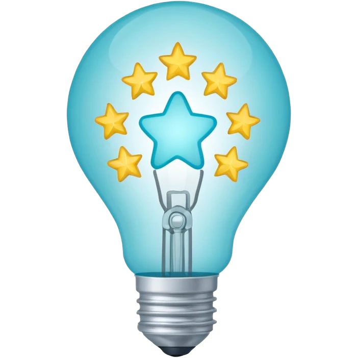 Light bulb icon with three small stars inside the bulb, flat emoji style, outline with blue and turquoise colors, white background emoji