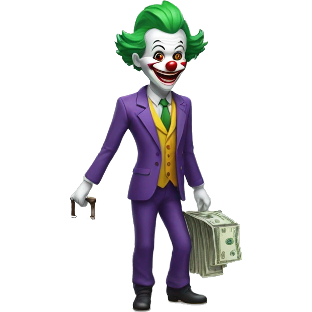 Skinny Clown looking like the Joker in a business suit with a suitcase of money in his hand in full growth emoji