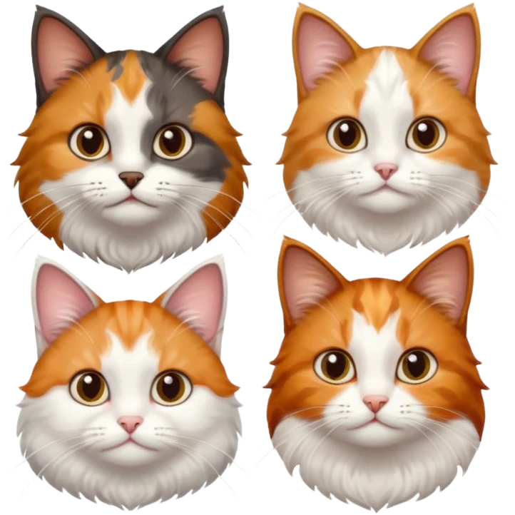 3 different coloured small cats including a dark brown tabby and white, and a patchy calico, and a ginger and white emoji