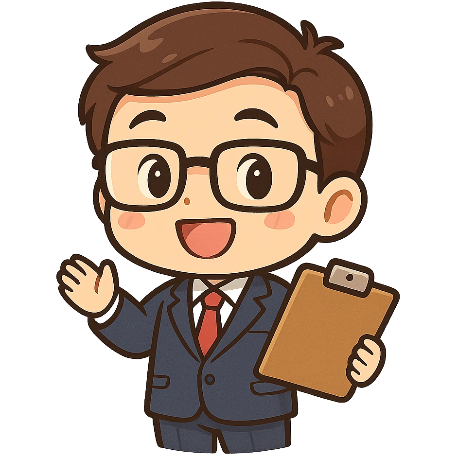 mini manager character, holding clipboard, glasses, chibi proportions, cheerful, simple background, manga-inspired style emoji