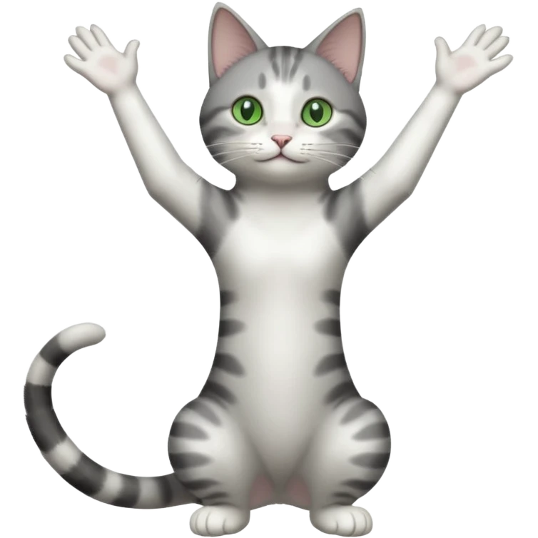 grey and white cat with green eyes doing a big extremely long stretch reaching up into the air with arms and legs side by side together emoji