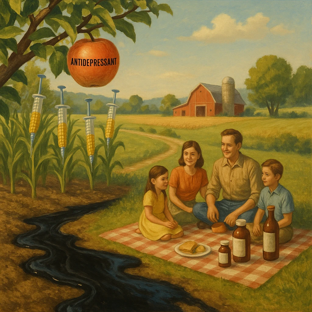 peaceful farm landscape with apples on trees labeled as antidepressants, corn cobs as syringes, soil oozing black oil, a family enjoying a picnic with their food gradually turning into medicine bottles, calm scene with underlying sense of unease emoji