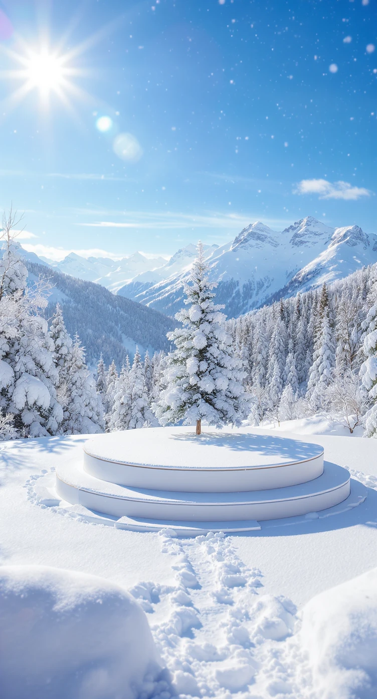 Cinematic still of a winter landcape, sunny day, white circle stage on middle, snowy,christmas tree in snow, in background we can see beautifull snowy landscape, soft light, symmetrical, day, captured on arri alexa --no curtains emoji