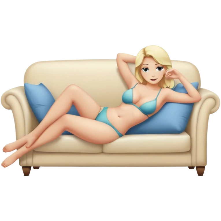 fullbody hypereal busty blonde shirtless topless buxom in undies lying on couch comfy sfw emoji