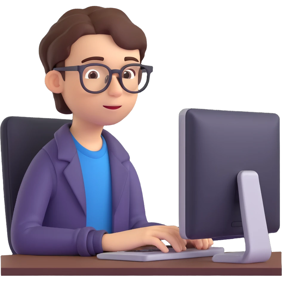 3D emoji style portrait of a calm student taking an online test, wearing glasses, looking at a computer screen emoji