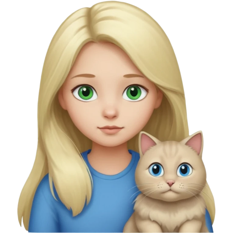 blonde girl with long blonde hair and blue eyes with chubby gray cat with big green eyes emoji