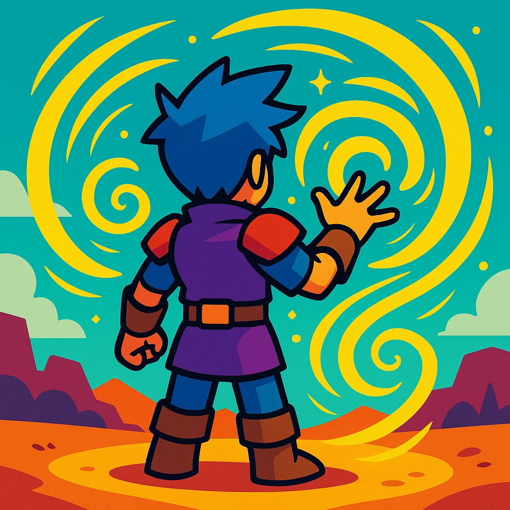 avatar in an MMO game, back view, yellow magical swirls, stylized illustration emoji