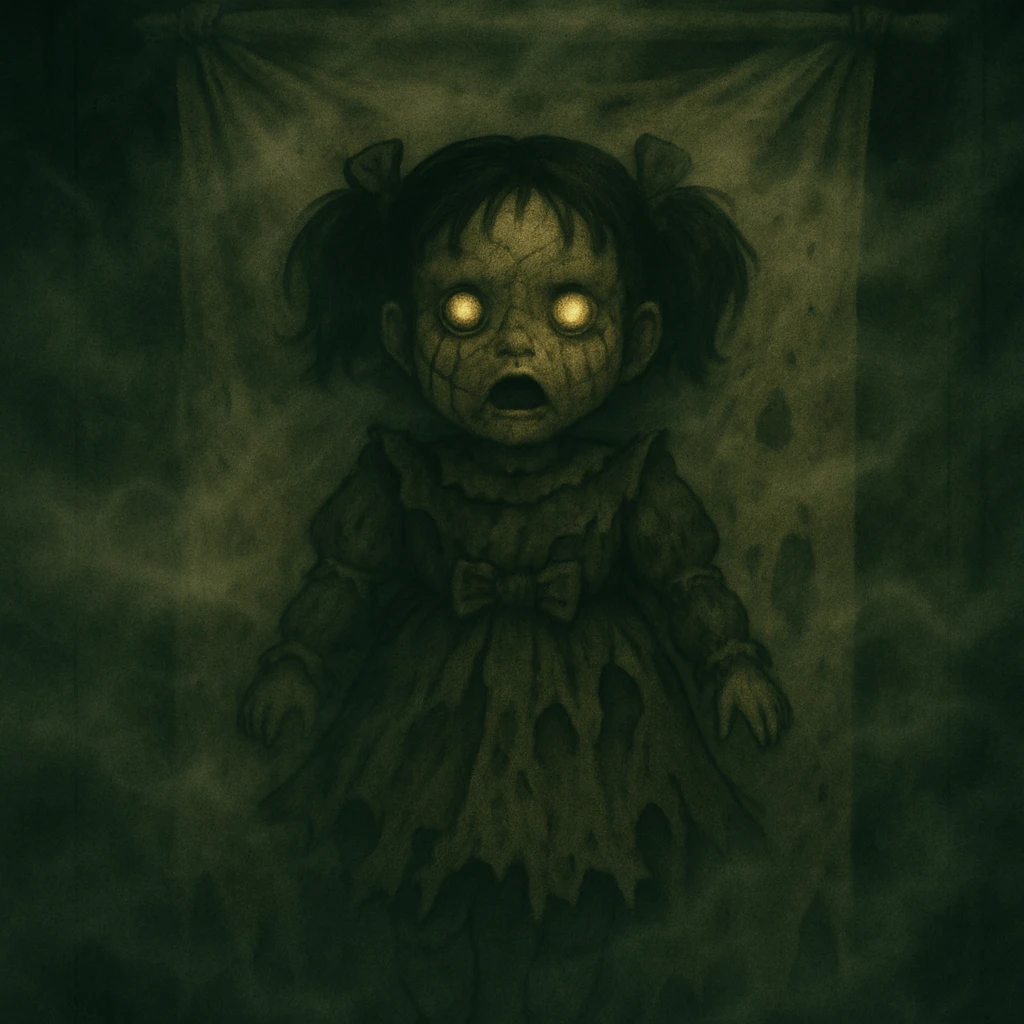 Add thick fog and swirling mist throughout the scene to enhance the creepy atmosphere, keep all other details unchanged. emoji