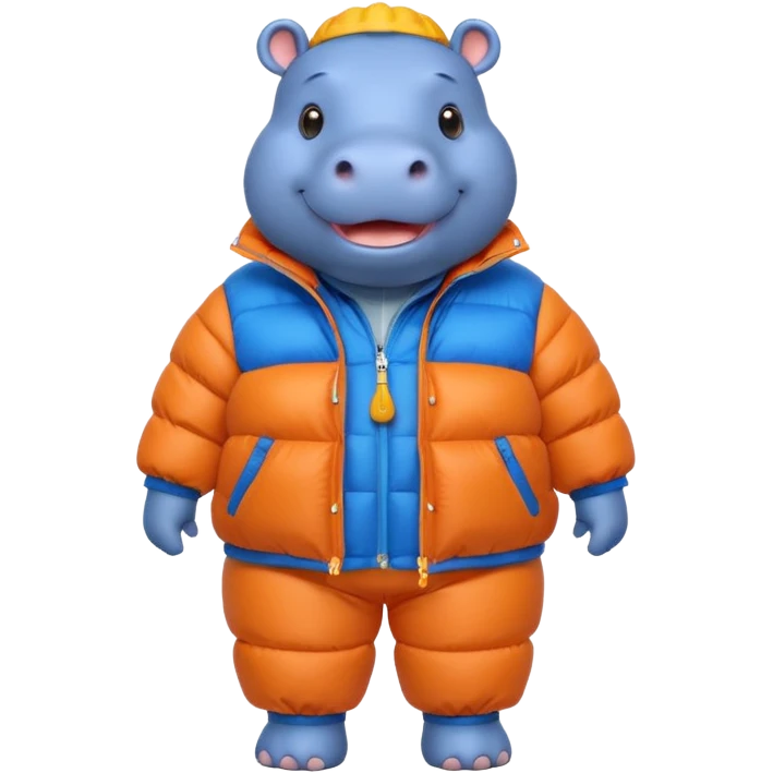 a full body of cute hippo with puffer clothes emoji
