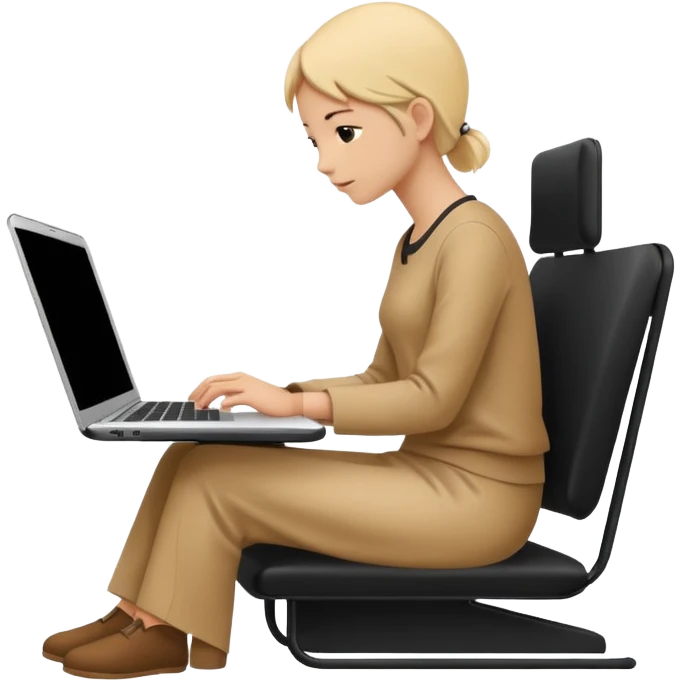 Minimalistic flat vector icon, iOS style, thin black contour on white background. Person silhouette sitting with a laptop, code brackets <> on the screen. Clean, no text, no shadows. emoji