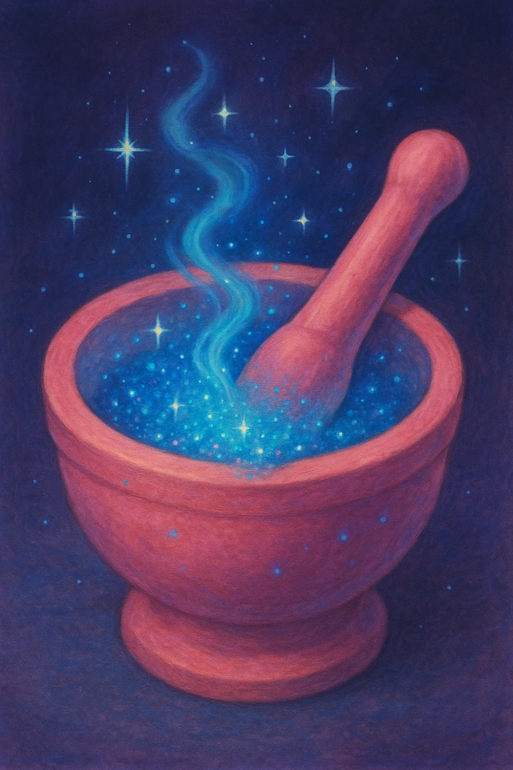 a pink mortar and pestle, blue fairy dust being ground, magical, no text emoji